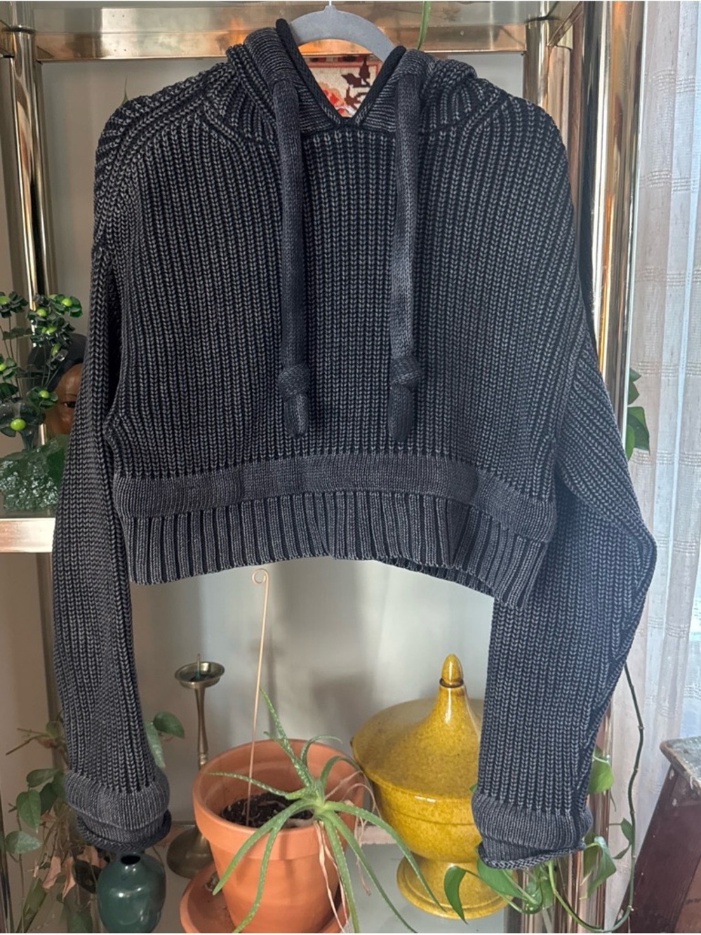Cropped Ribbed Hoodie Sweater - Black